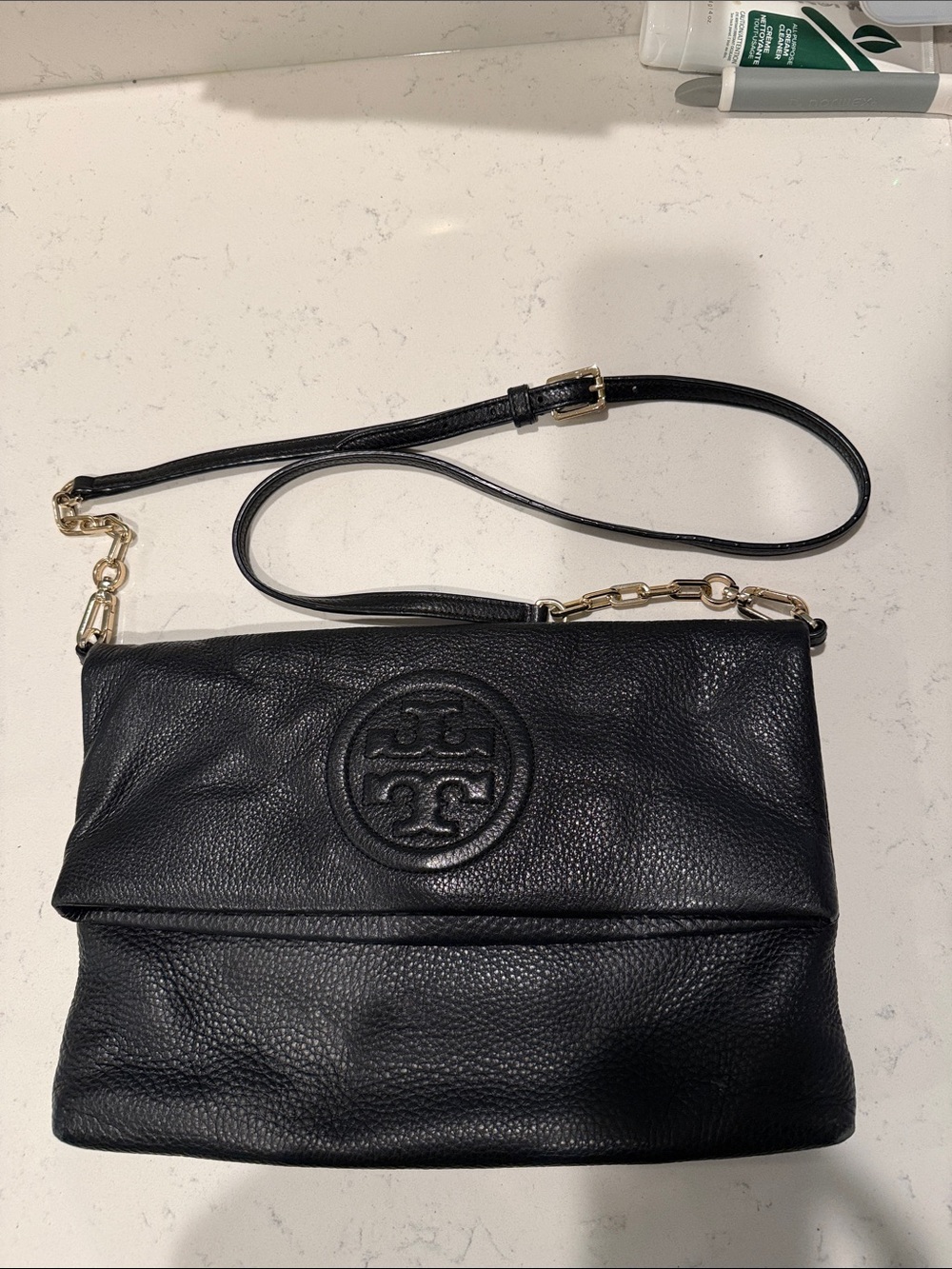 Tory Burch Black Bombe fold over pebble leather bag